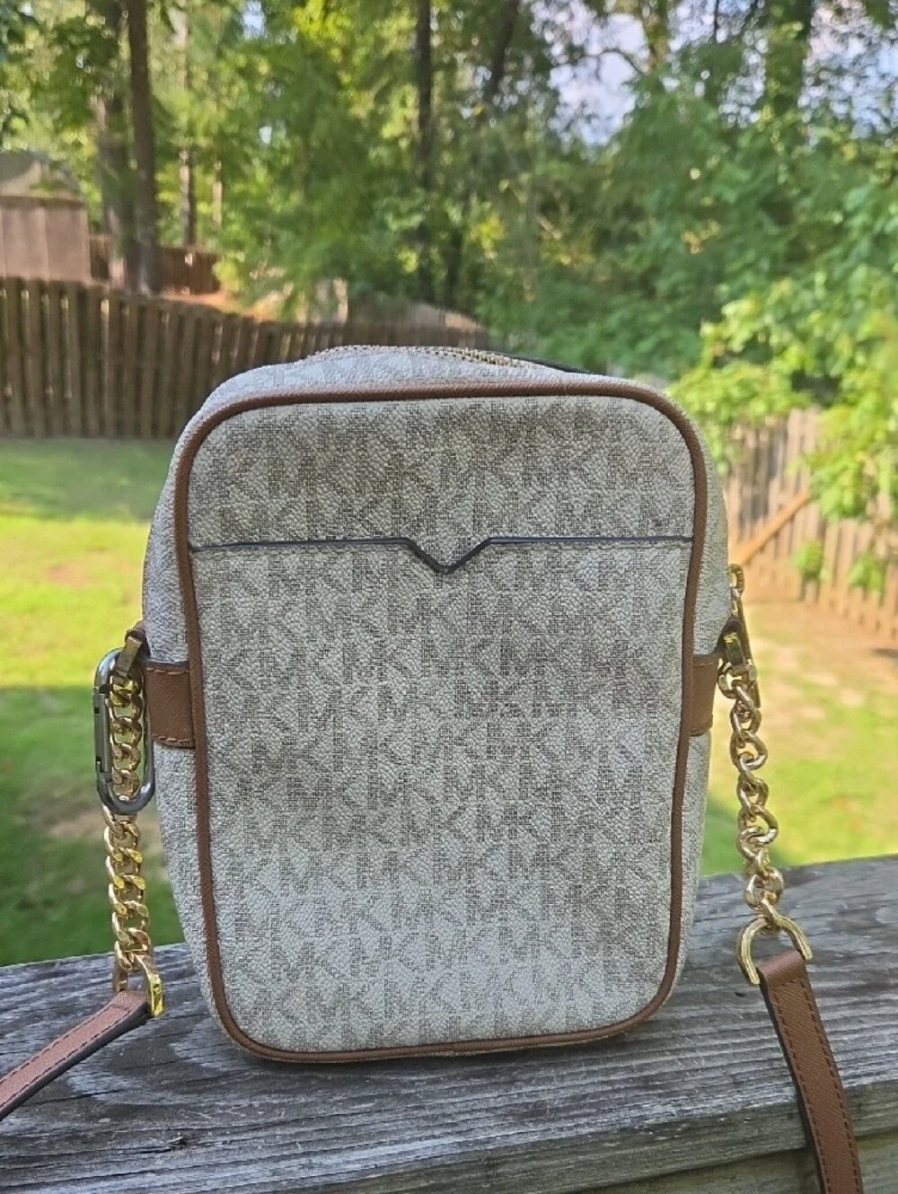 Michael Kors Cream Logo Crossbody Bag with Brown Trim